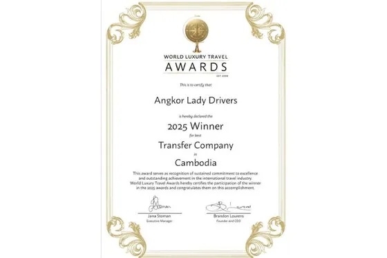 World Luxury Travel Awards certificate for Angkor Lady Drivers and Tours
